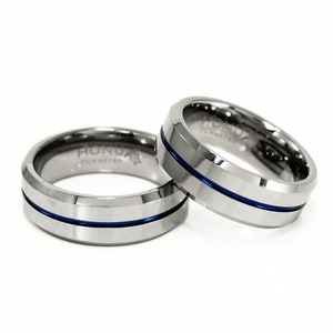 Silver & Blue Tungsten Ring, Men&#39;s Tungsten Carbide Wedding Ring, Silver Wedding Band, Men&#39;s Tungsten Wedding Band, 8mm Men&#39;s Women&#39;s Ring