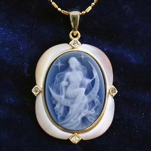 Blue Agate Celestial Moon Goddess Cameo, Mother of Pearl & CZ Crystals, 18" Sterling Silver or 18k Gold-plated Necklace, Black or Blue Agate