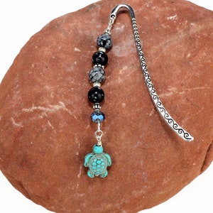 Blue Sea Turtle Bookmark with Snowflake Black Obsidian Turquoise and Crystal, Sea turtle Gifts, Book Lover Gifts, Beach Gifts For Basket