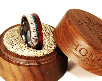 Deer Antler Hawaiian Koa Wood Turquoise Tungsten Wedding Band, Tungsten Carbide Ring, Men’s Women's Anniversary Ring, 6mm 8mm Unisex Ring
