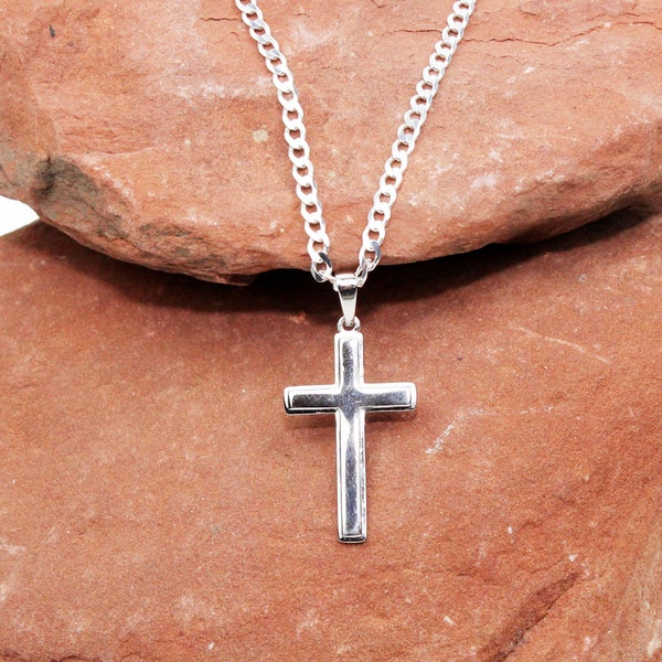 Large Sterling Silver Cross Pendant & Italian Sterling Silver Chain, Christian gifts, Unisex | Men's