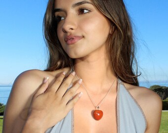 Red Jasper Chakra Stone Heart & Italian Sterling Silver Pendant Necklace, Red Jasper Necklace, For Women, Red Heart Necklace, Birthday Gift