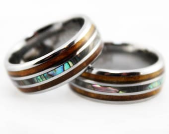 Koa Wood Tungsten Ring, Abalone Shell & Silver Ring, Men’s Wedding Band, Ring with Koa Wood Band, 6mm 8mm Men's Women's Ring