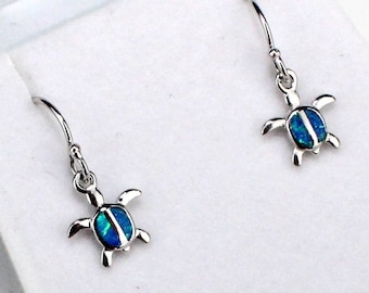 Dainty Sterling Silver & Blue Opal Sea Turtle Dangle Earrings, with Optional Matching Bracelet, Gift for Her, Sea Turtle Gift