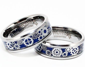 Silver & Blue Tungsten Ring, Steampunk Clock Gear Wheel, Carbon Fiber Inlay, Men's Tungsten Carbide Ring, Wedding Band, Unisex 8mm Ring