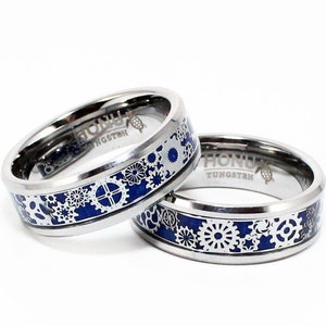 Silver & Blue Tungsten Ring, Steampunk Clock Gear Wheel, Carbon Fiber Inlay, Men&#39;s Tungsten Carbide Ring, Wedding Band, Unisex 8mm Ring