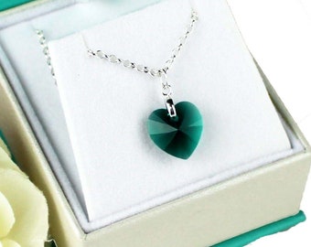 Sterling Silver Emerald Green Swarovski Crystal Heart Pendant Necklace & Optional Earrings, Gift for Her, May Birthstone