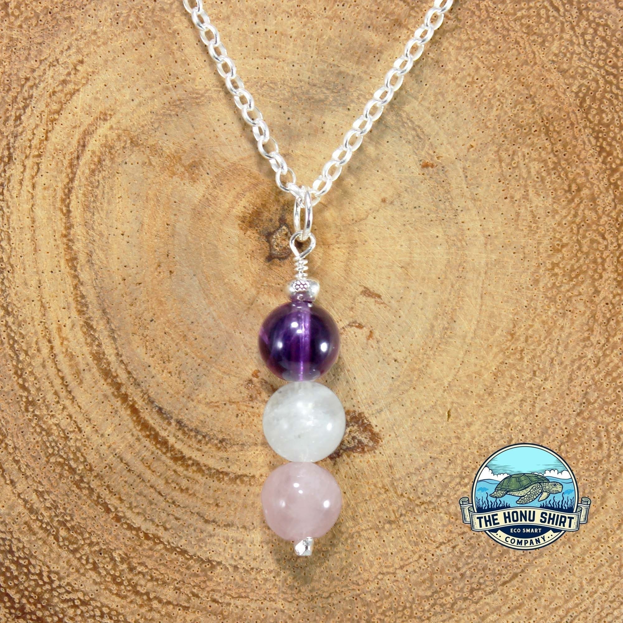 Amethyst Moonstone Rose Quartz Calming Crystal on .925 Sterling Silver Necklace, Anti Anxiety and Stress Necklace, For Women, Birthday Gift