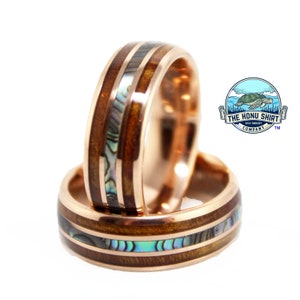 Koa Wood Tungsten Ring, Abalone Shell & Rose Gold Ring, Men’s Wedding Band, Rose Gold Ring with Koa Wood Band, 6mm 8mm Men's Women's Ring