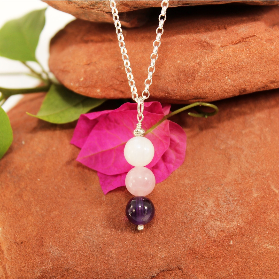 Amethyst Crystal Necklace for Women, Moonstone Amethyst Rose Quartz
