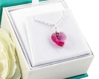 Sterling Silver Rose Pink Swarovski Crystal Heart Earrings & Optional Pendant Necklace Set, Pink Necklace, Gift for Her, October Birthstone