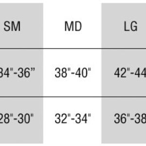 Puede incluir: Tabla de tallas que muestra las medidas de pecho y cintura en pulgadas para diferentes tallas: XS, SM, MD, LG, XL y 2X.