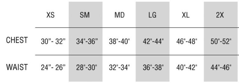 Puede incluir: Tabla de tallas que muestra las medidas de pecho y cintura en pulgadas para diferentes tallas: XS, SM, MD, LG, XL y 2X.