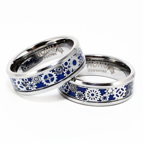 Blue & Silver Tungsten Ring, Carbon Fiber Gear Steampunk Band, Mechanical Engineer Gift, Mens Wedding Band, Men's Women's Unisex 8mm Ring