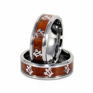 Hawaiian Koa Wood Sea Turtle Tungsten Carbide Ring, Wedding Band, Koa Wood & Tungsten Carbide Band, 8mm Men&#39;s women&#39;s Ring, Anniversary Gift