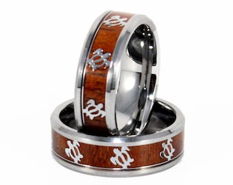Hawaiian Koa Wood Sea Turtle Tungsten Carbide Ring, Wedding Band, Koa Wood & Tungsten Carbide Band, 8mm Unisex Ring