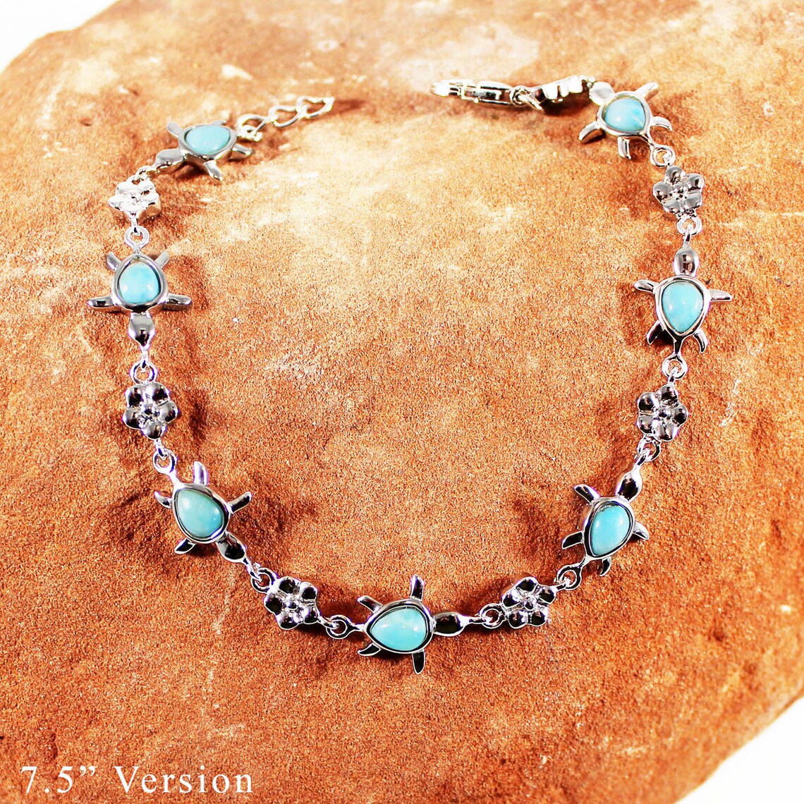 Rhodium Plated Larimar Sea Turtle Ring main image 1