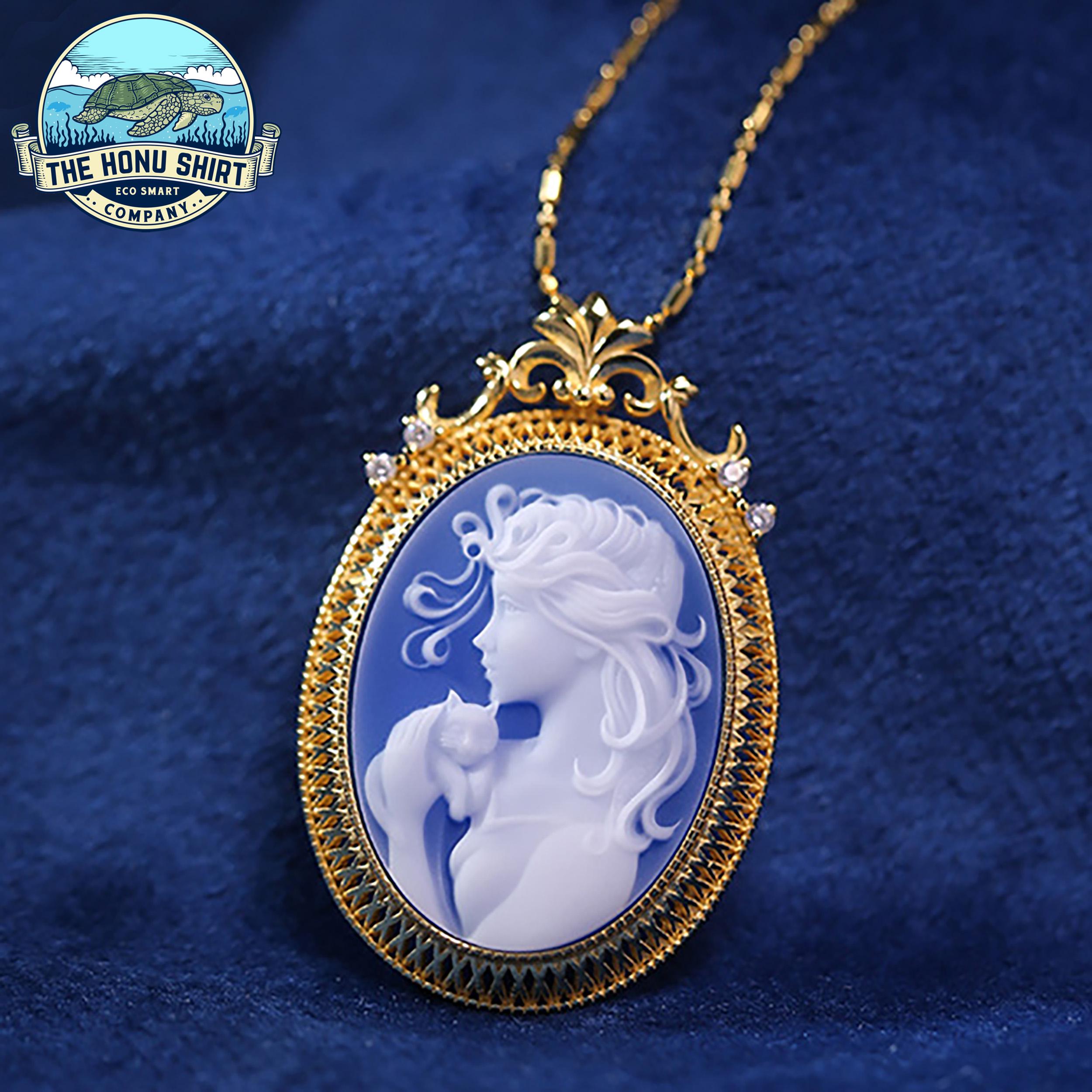 Victorian Fairy Princess with Cat Blue Agate Cameo Necklace, 18k Gold Frame & CZ Crystal, Elegant Neoclassical Vintage-inspired Lady Broach