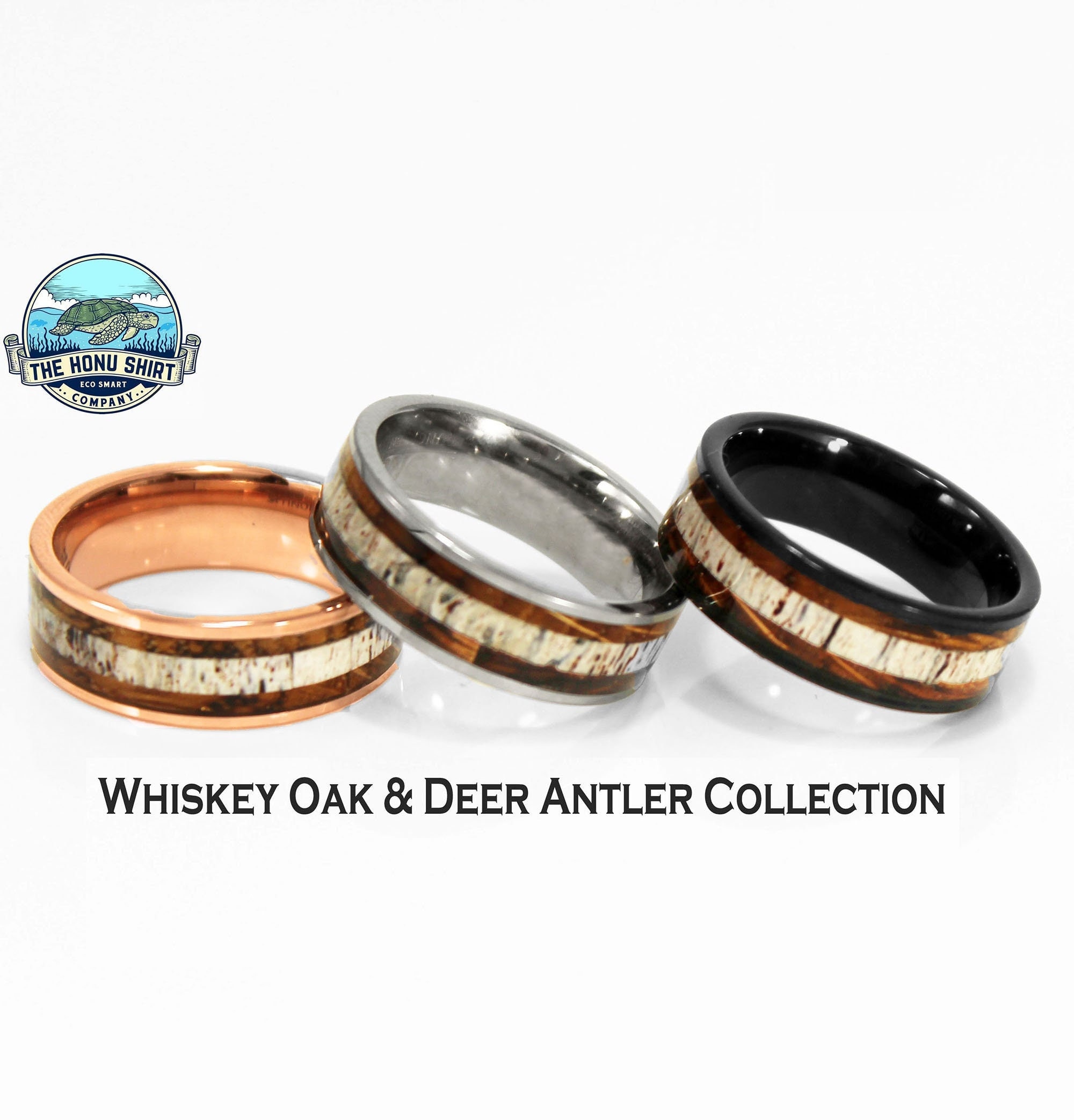 Deer Antler Whiskey Barrel Wood Tungsten Wedding Band | Silver | Black | Rose Gold | Men’s Women's Anniversary Ring | 8mm Unisex Ring