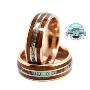 Koa Wood Tungsten Ring, Abalone Shell & Rose Gold Ring, Men’s Wedding Band, Rose Gold Ring with Koa Wood Band, 8mm Men&#39;s Women&#39;s Ring