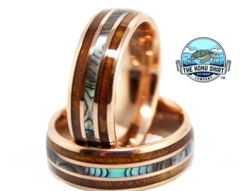 Koa Wood Tungsten Ring, Abalone Shell & Rose Gold Ring, Men’s Wedding Band, Rose Gold Ring with Koa Wood Band, 8mm Men's Women's Ring