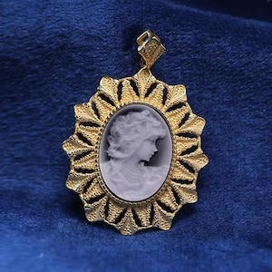 Victorian Lady Black Agate Cameo 18&quot; Necklace with 18K Gold Frame, Elegant Rococo Antique-Vintage Inspired Fairy Princess Dark Academia