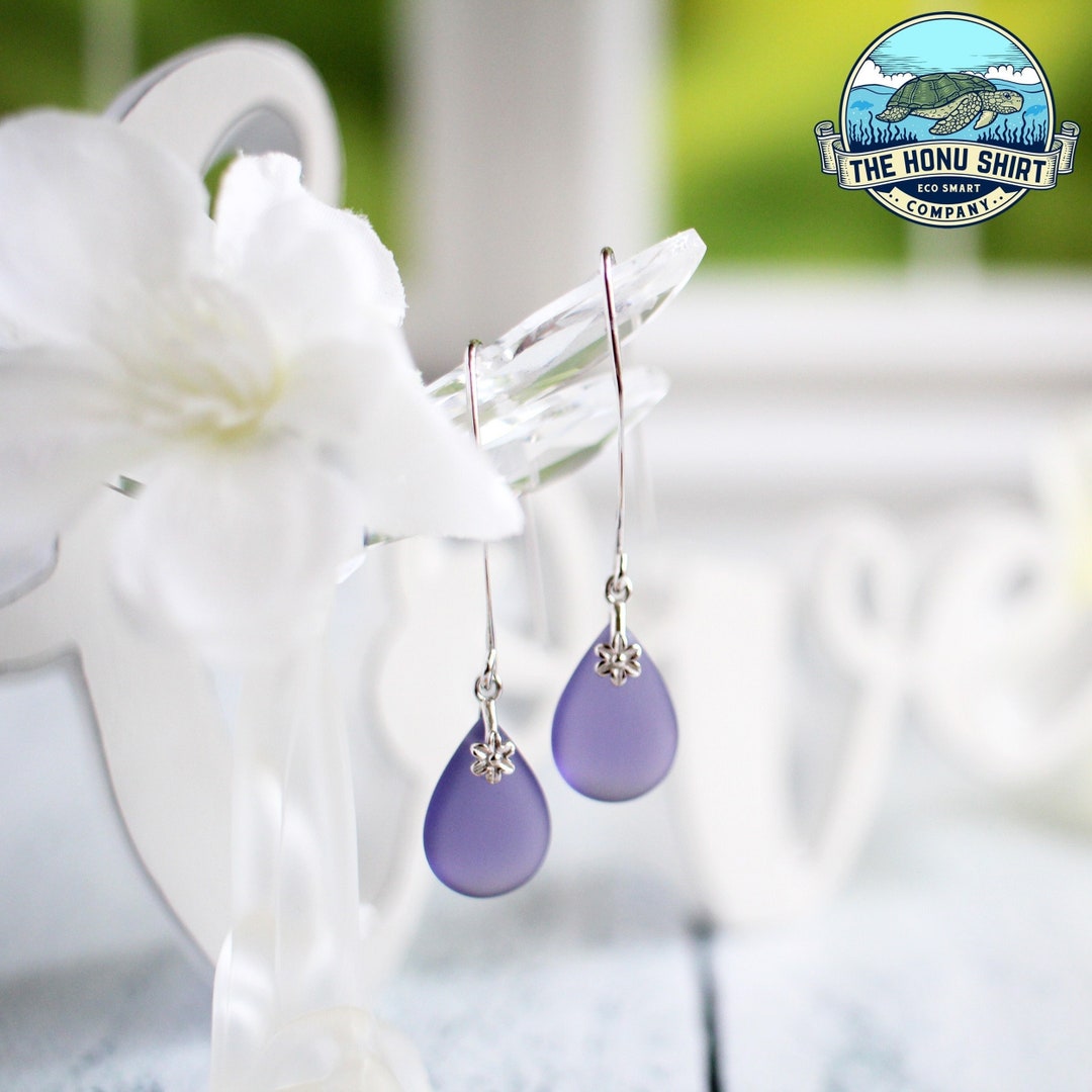 Hawaii Purple Sea Glass Teardrop Silver Marquise Earrings Handmade in