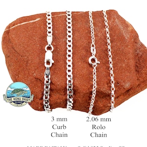 May include: Three silver chains on a red rock background. The chains are 3 mm curb chain, 2.06 mm rolo chain, and 2.06 mm rolo chain. The text "MADE IN ITALY" and "Solid 925 Sterling Silver" are at the bottom of the image.