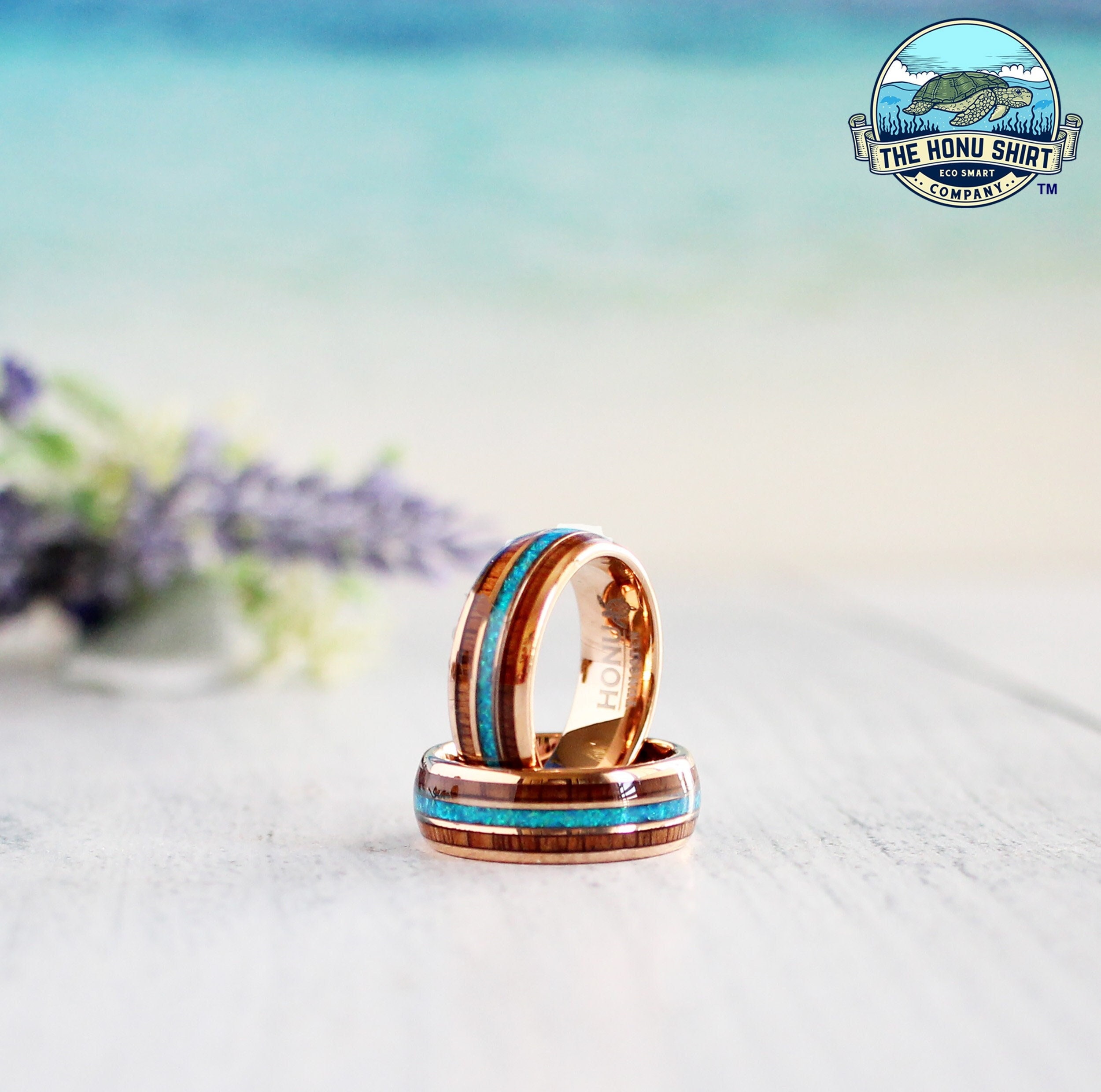 Koa Wood Blue Opal Tungsten Ring, 18K Rose Gold Tungsten Carbide Ring, Hawaiian Wood Opal Wedding Bands, Unisex Women's Men's 6mm 8mm Rings