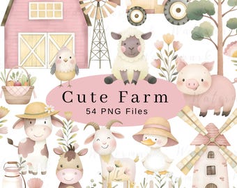Cute Farm Clipart, Farm Animals Watercolor Digital Clipart, Farm Animals, Watercolor Farm Life, Cottage Clipart, Cute Pig Clipart, Animals