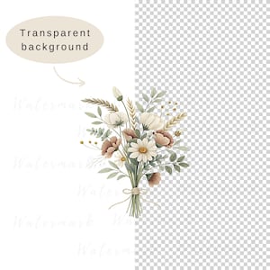 May include: A watercolor illustration of a bouquet of white and brown flowers with green leaves and stems tied together with twine.