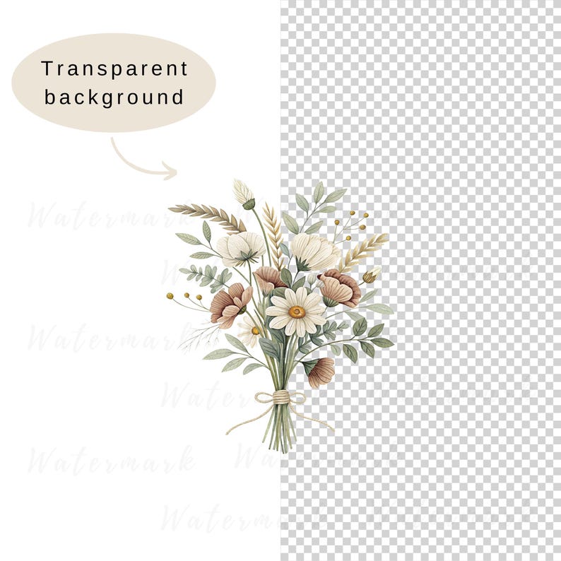 May include: A watercolor illustration of a bouquet of white and brown flowers with green leaves and stems tied together with twine.