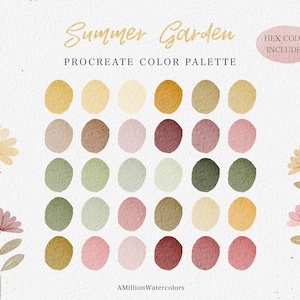 May include: A digital color palette for Procreate featuring 24 watercolor-inspired colors in shades of green, brown, yellow, pink, and red. The palette is titled "Summer Garden" with the text "HEX CODES INCLUDED" in a circle at the top right corner.