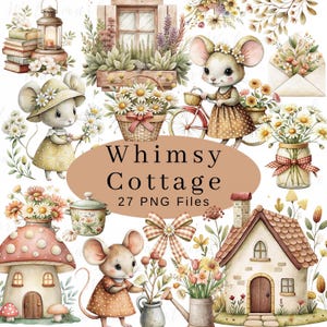 Clipart Cottagecore aquarelle printemps mignon ferme rustique vintage PNG en téléchargement numérique tout usage commercial animaux fleurs pépinière enfants Clipart
