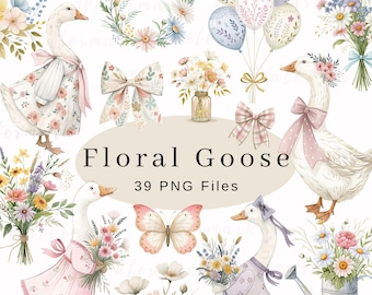 Watercolor Silly Goose Clipart Spring Cottage Whimsical Cute Commercial Use Baby Shower Wildflower PNG Rustic Boho Nursery Decor Clip Art