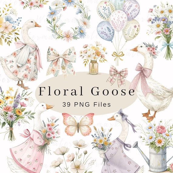 Watercolor Silly Goose Clipart Spring Cottage Whimsical Cute Commercial Use Baby Shower Wildflower PNG Rustic Boho Nursery Decor Clip Art