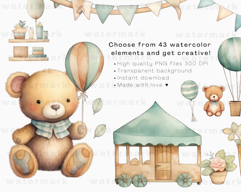 Boho Teddy Bear Watercolor Clipart Baby Shower Baby Monthly Clip Arts ...