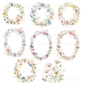 May include: Set of nine watercolor floral wreaths and a bouquet of flowers. The wreaths are in shades of pink, blue, and yellow, and feature a variety of flowers, including daisies, roses, and wildflowers. The bouquet is in shades of white and pink, and features a variety of flowers, including daisies, roses, and wildflowers.