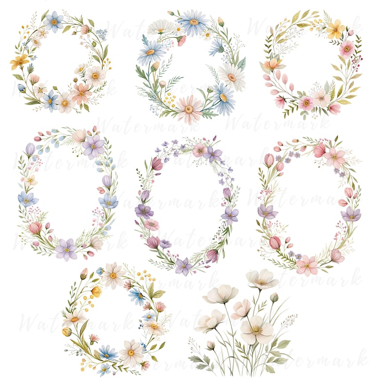 May include: Set of nine watercolor floral wreaths and a bouquet of flowers. The wreaths are in shades of pink, blue, and yellow, and feature a variety of flowers, including daisies, roses, and wildflowers. The bouquet is in shades of white and pink, and features a variety of flowers, including daisies, roses, and wildflowers.