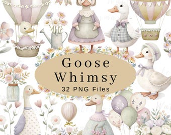 Whimsical Goose Clipart Spring Vintage Cottagecore Cute Watercolor Commercial Use Birthday Party Baby Shower Wildflowers Balloon PNG Digital