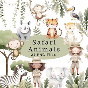 Paquete de imágenes prediseñadas de acuarela de safari, imágenes prediseñadas de animales de guardería, imágenes PNG de animales de safari, gráficos de animales lindos, descarga digital PNG de baby shower