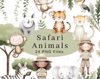 May include: A set of 24 watercolor illustrations of safari animals, including a monkey, tiger, rhino, cheetah, elephant, zebra, and two girls dressed as safari explorers. The illustrations are surrounded by green foliage.