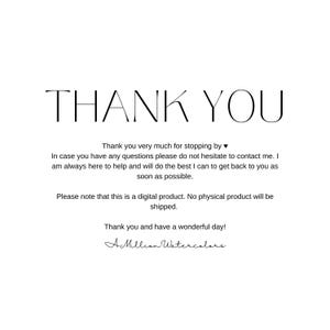 以下が含まれることがあります： 「Thank you very much for stopping by」と「A Million Watercolors」というテキストが書かれた感謝のメッセージ。テキストは筆記体で書かれています。