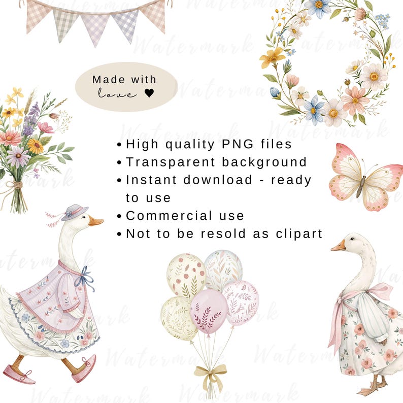 May include: A set of digital illustrations featuring a goose wearing a pink dress and a hat, a bouquet of flowers, a wreath of flowers, a butterfly, and a bunch of balloons with floral patterns. The text "Made with love" is also included in the image.