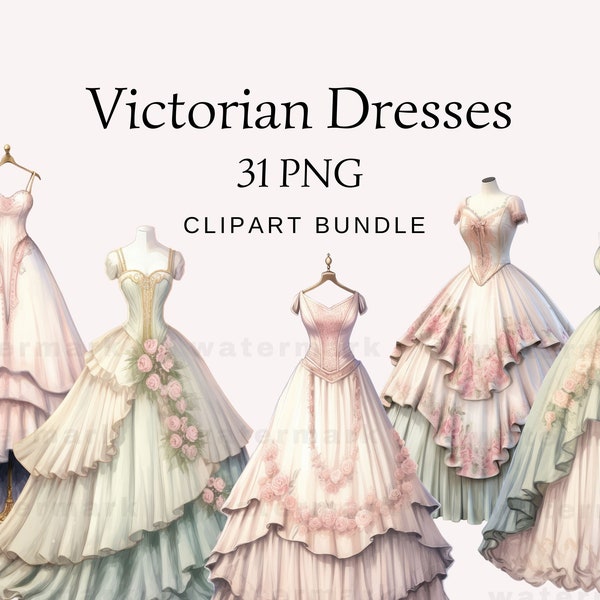 Victorian Ball Gowns Clipart Flower Watercolor Victorian Vintage Dress PNG Clipart Bundle Scrapbook Journal Wedding Commercial Use