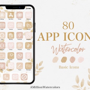 May include: A set of 80 watercolour app icons in a variety of beige and pink tones. The icons are displayed on a smartphone screen and feature a variety of popular apps, including Instagram, Facebook, TikTok, and more.