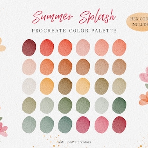 May include: A digital color palette for Procreate featuring 36 watercolor swatches in shades of red, orange, yellow, green, and pink. The palette is titled "Summer Splash" with the text "HEX CODES INCLUDED" in a separate box.