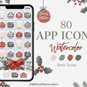 May include: 80 watercolor app icons in a snowy winter theme. The icons are in a grid on a phone screen with a red bow and holly sprigs. The icons are in shades of gray, red, and white.