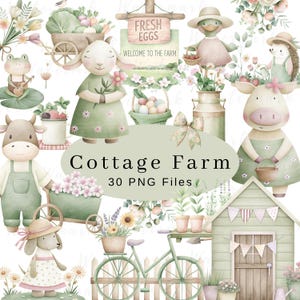 Clipart Cottagecore aquarelle printemps mignon ferme rustique vintage PNG en téléchargement numérique tout usage commercial animaux fleurs pépinière enfants Clipart