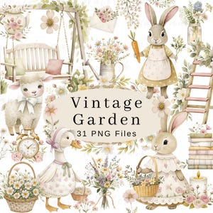 Vintage jardin aquarelle Cottagecore Clipart printemps mignon ferme rustique PNG usage Commercial numérique animaux fleurs pépinière enfants Clipart